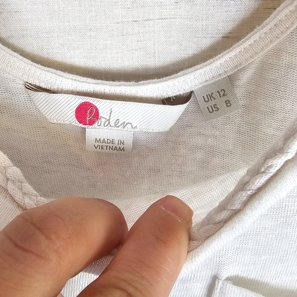 Boden 100% Linen Corded Cutout White Short Sleeve Top with Pocket - Picture 5 of 10